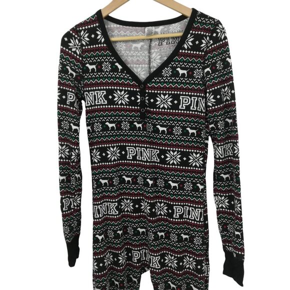 Victoria Secret PINK Thermal Union Suit Pajamas Size M Snowflake Waffle Knit - Picture 7 of 14